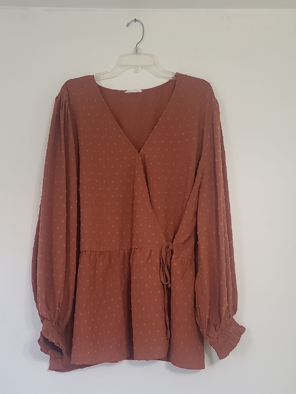 Long Sleeved Rust Wrap Blouse with Tie Waist